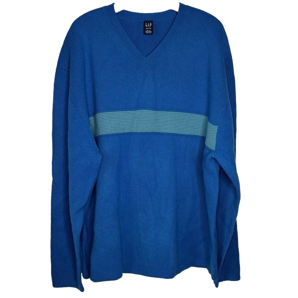Vintage GAP 100% Lambswool Sweater Mens XXL Blue Stripe L/S Grandpa Y2K Unisex